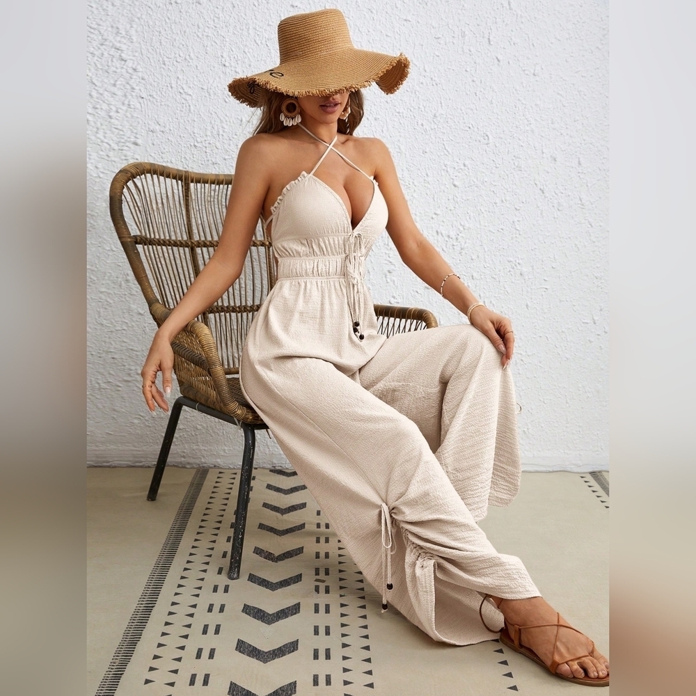 Women's Solid Color Cross Halter Strap Jumpsuit - Picture 3 of 6